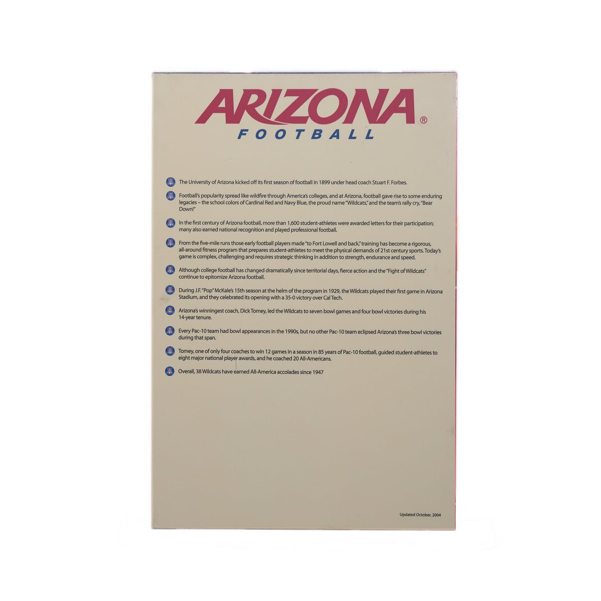University of Arizona Football History Sign